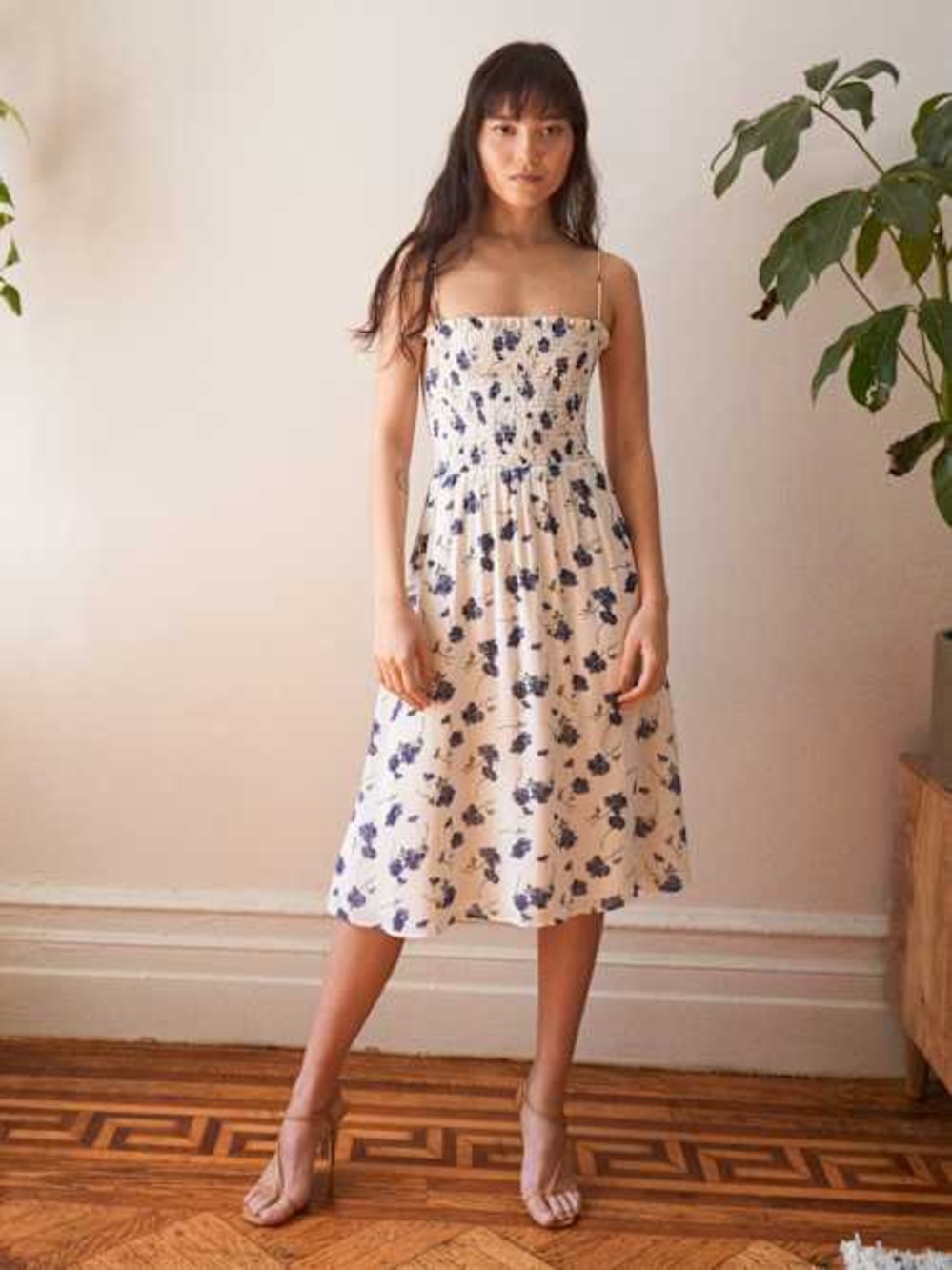 Reformation Cream Midi Dress with Blue Floral Print
